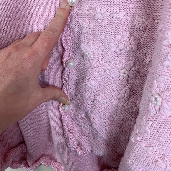 Vintage Cascade Classics Cottagecore Pastel Pink Pearl Embellished Knit Cardigan - Picture 4 of 6